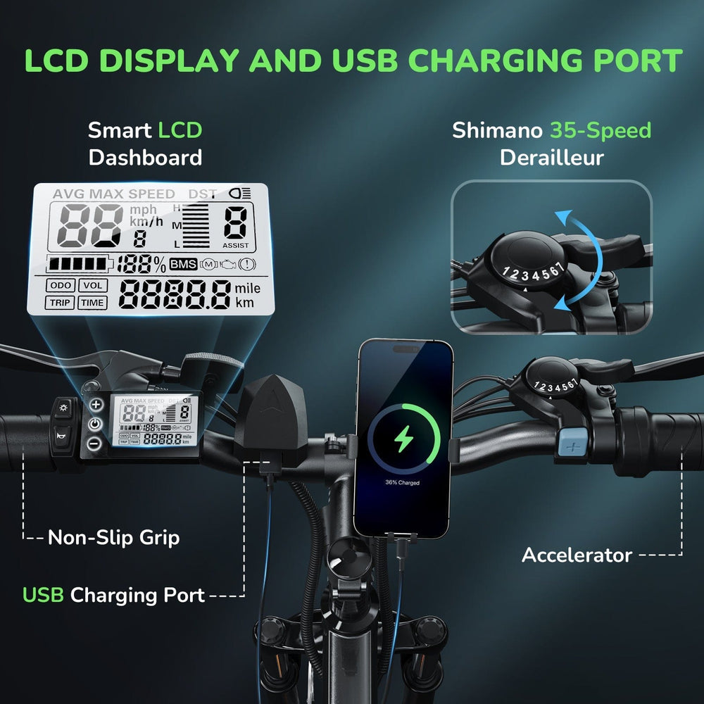 A M10 bicycle handlebar setup featuring a smart LCD dashboard displaying speed and distance, a Shimano 35-speed derailleur, and a non-slip grip. A phone is connected to a USB charging port, showing it at 36% charge.