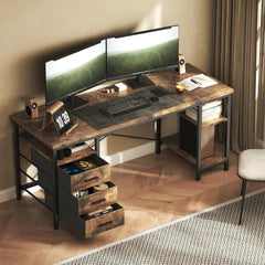 CyberCart Computer Desk with 3 Drawers and 3 Adjustable Shelves, 120 x 60 x 75 cm, Reversible PC Table, Office Table, for Office, Study, Bedroom, Living Room, Walnut Brown