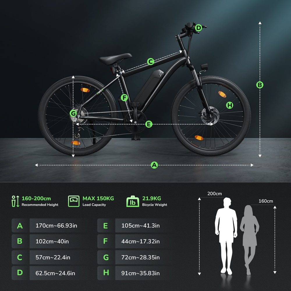 A sleek black bicycle M10 is displayed with various measurements labeled, including frame length, handlebar height, and wheel size. The bike is designed for riders between 160-200 cm tall, with a load capacity of 150 kg and a weight of 21.9 kg. A diagram below shows these dimensions alongside silhouettes of a man and woman for scale.