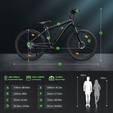 Electric bicycle with labeled dimensions on a dark background