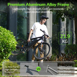 A person wearing a helmet is carrying a black bicycle M10 with a premium aluminum alloy frame, highlighted for its lightweight and rustproof qualities. The bike weighs 21.9 kg, and the image contrasts its high strength against a rust-prone steel frame.