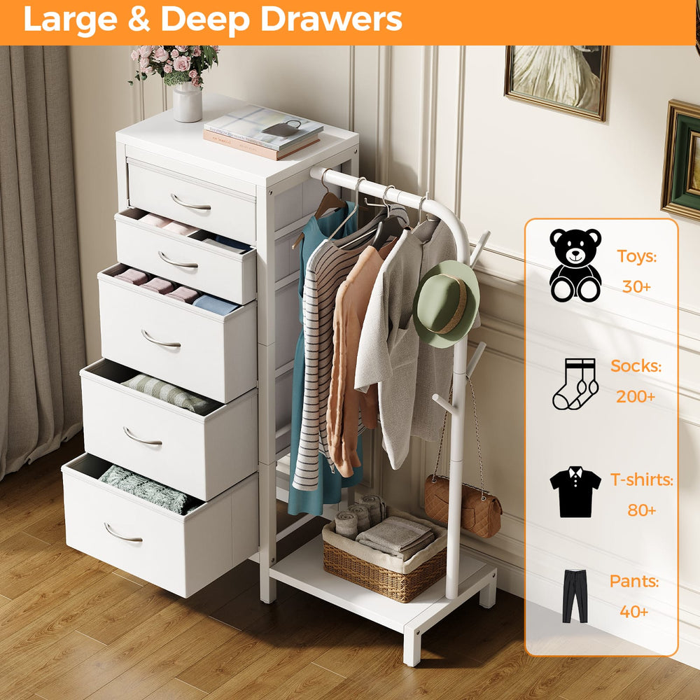 CyberCart Coat Rack, Wardrobe with 5 Fabric Drawers, Chest of Drawers with Clothes Rail