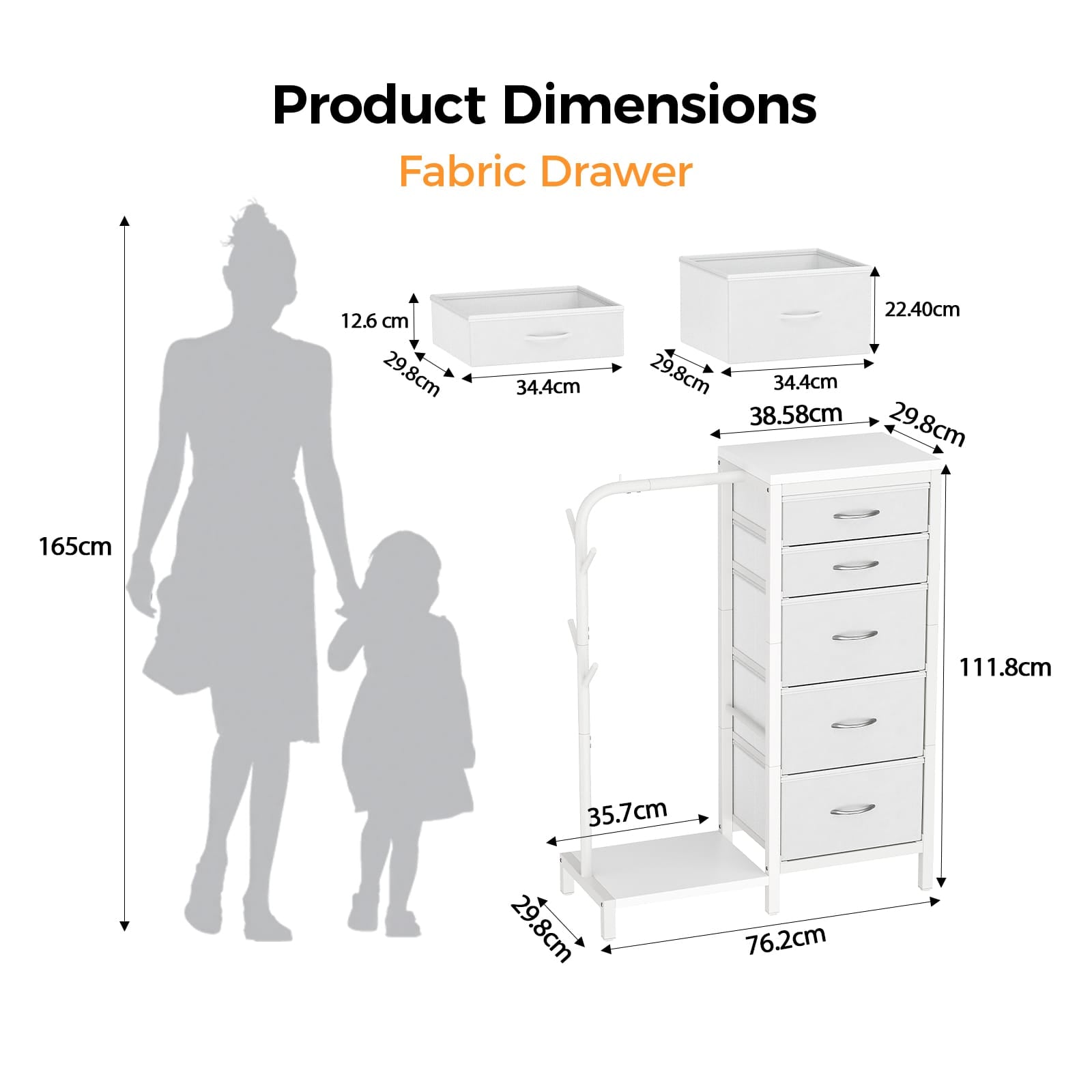 CyberCart Coat Rack, Wardrobe with 5 Fabric Drawers, Chest of Drawers with Clothes Rail