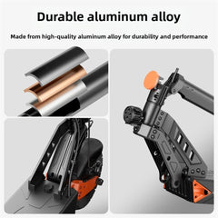 The image showcases a durable aluminum alloy structure, featuring cross-sections of layered metal tubes, a close-up of a robust scooter frame with orange accents, and detailed components for enhanced durability and performance.