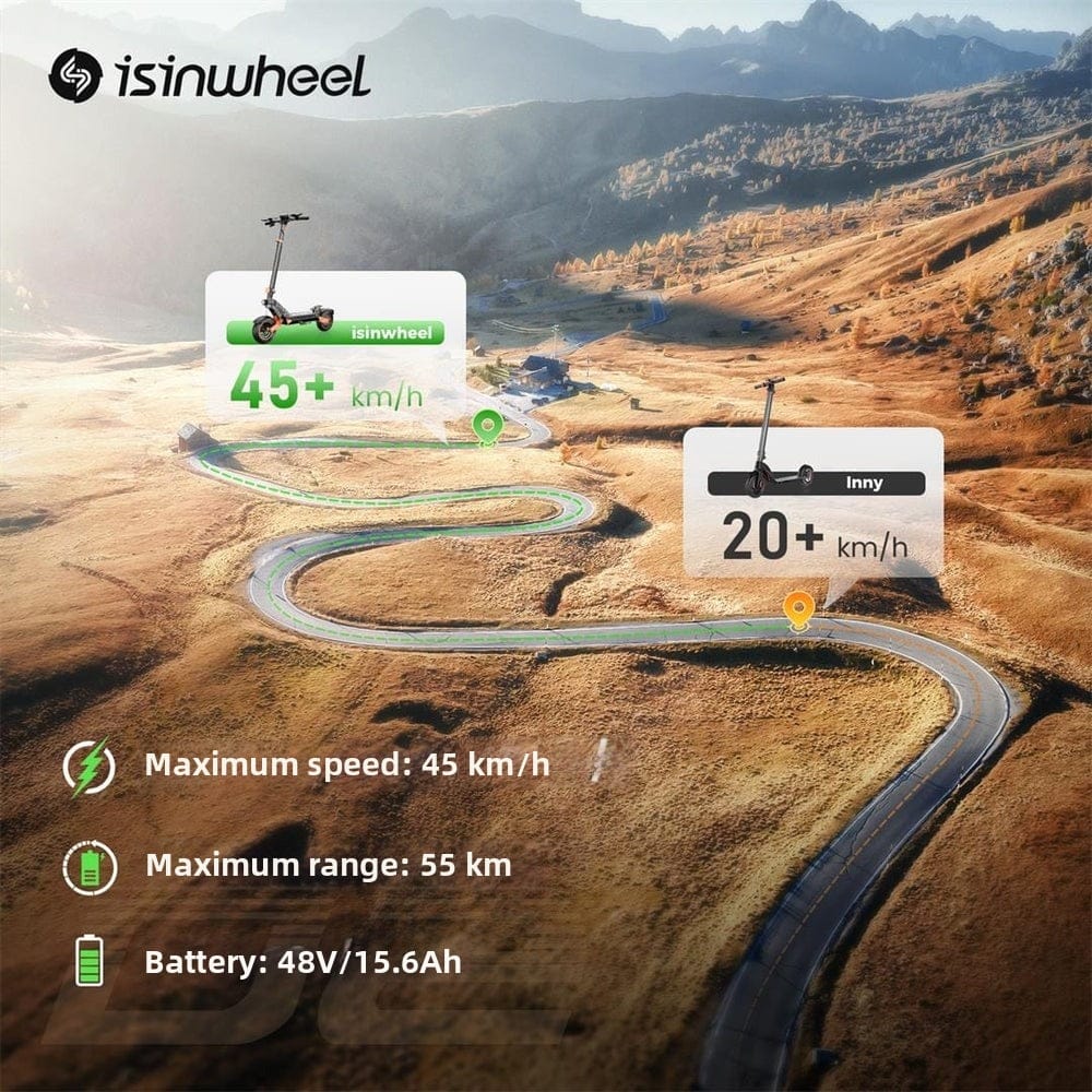 A scenic landscape features a winding road through golden fields and hills. Two e-scooters are highlighted: one labeled "isinwheel" with a speed of 45+ km/h and another "Inny" at 20+ km/h. Text details the isinwheel's specs: maximum speed of 45 km/h, range of 55 km, and a 48V/15.6Ah battery.