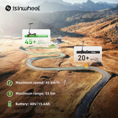 A scenic landscape features a winding road through golden fields and hills. Two e-scooters are highlighted: one labeled "isinwheel" with a speed of 45+ km/h and another "Inny" at 20+ km/h. Text details the isinwheel's specs: maximum speed of 45 km/h, range of 55 km, and a 48V/15.6Ah battery.