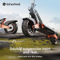 A rugged electric scooter with orange accents is shown on a rocky terrain, highlighting its front and rear double suspension and disc brakes.