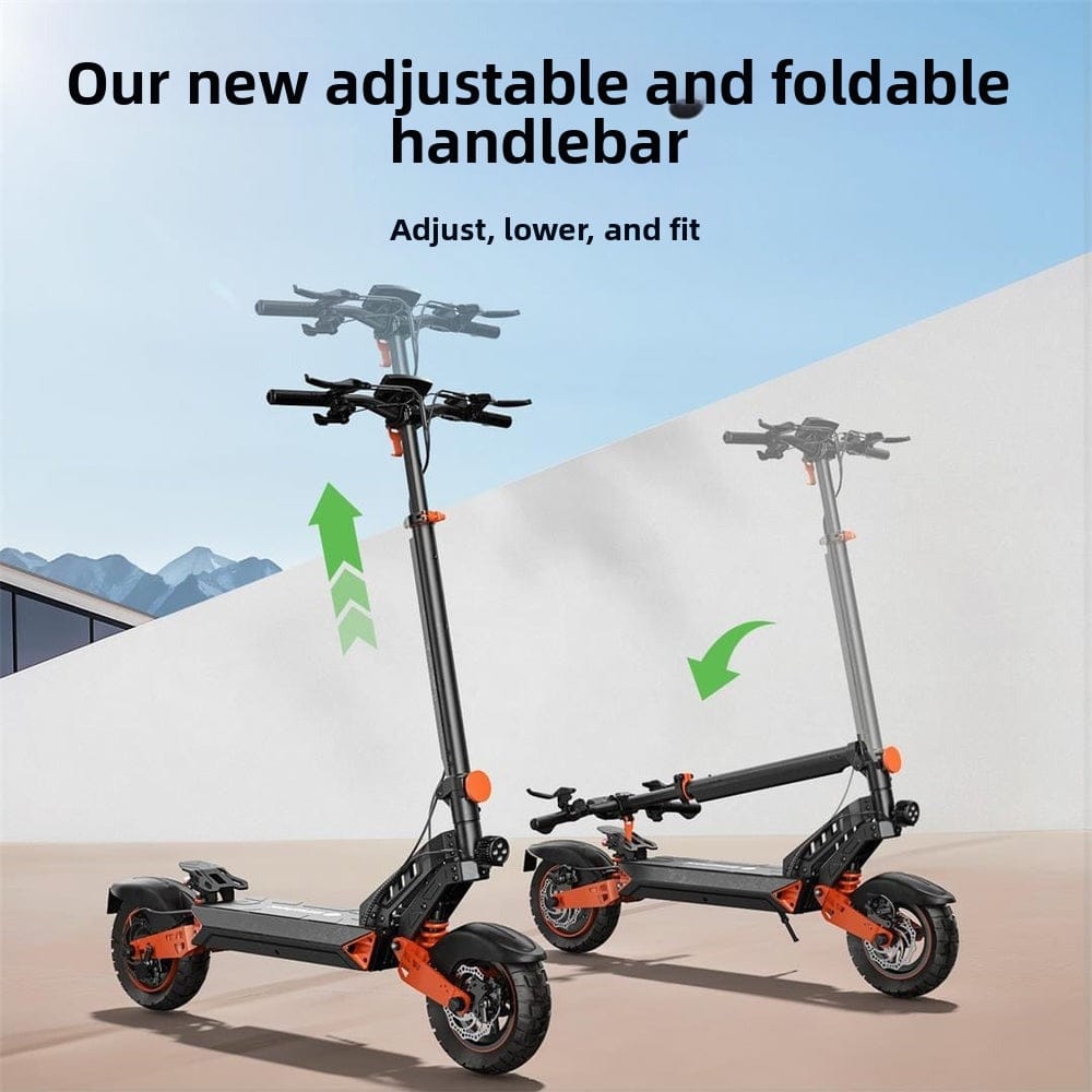 Two electric scooters with black and orange accents are shown, one with an upright handlebar and the other with a folded handlebar, demonstrating adjustability against a backdrop of a clear sky and mountains.
