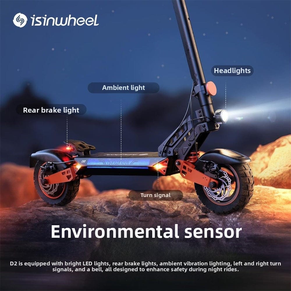 A sleek electric scooter is shown on rocky terrain, featuring labeled components like rear brake light, ambient light, turn signal, and headlights. The text highlights its bright LED lights and safety features designed for night rides.