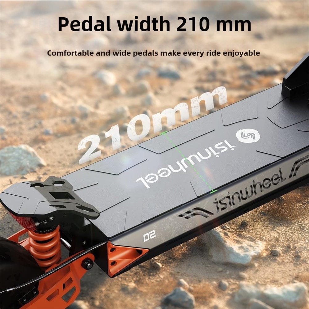 A close-up of an electric scooter's deck, highlighting its 210 mm wide pedal. The black deck features the "isinwheel" logo and is equipped with orange suspension components. The background shows a rocky terrain, emphasizing its off-road capability.