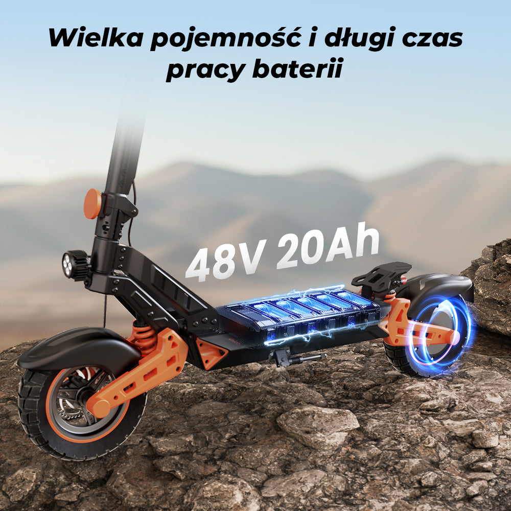 A powerful electric scooter with a black and orange design is showcased on rocky terrain, highlighting its 48V 20Ah battery capacity. The glowing blue battery is visible, emphasizing its long-lasting performance.