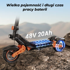 A powerful electric scooter with a black and orange design is showcased on rocky terrain, highlighting its 48V 20Ah battery capacity. The glowing blue battery is visible, emphasizing its long-lasting performance.
