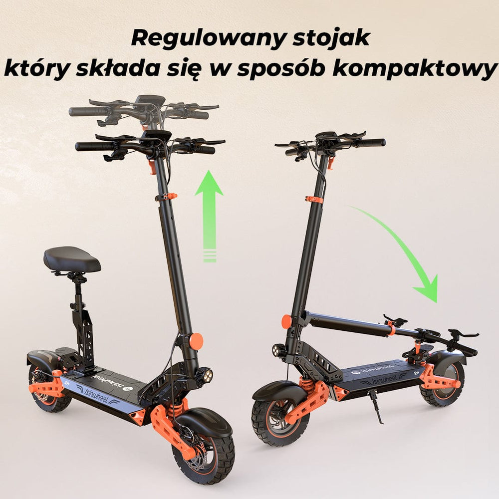Two electric scooters are shown, one upright and the other folded, highlighting their compact, adjustable design with a black and orange color scheme.