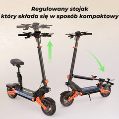 Two electric scooters are shown, one upright and the other folded, highlighting their compact, adjustable design with a black and orange color scheme.