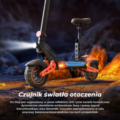 A sleek electric scooter with bright LED headlights and a comfortable seat is shown on rugged terrain. The scooter features orange accents and sturdy tires, with ambient lighting for enhanced visibility.