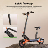 An electric scooter featuring a lightweight aluminum frame, highlighting its durable construction. The image shows the scooter from an angle, emphasizing its design and supportive seat.