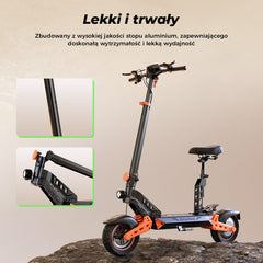 An electric scooter featuring a lightweight aluminum frame, highlighting its durable construction. The image shows the scooter from an angle, emphasizing its design and supportive seat.