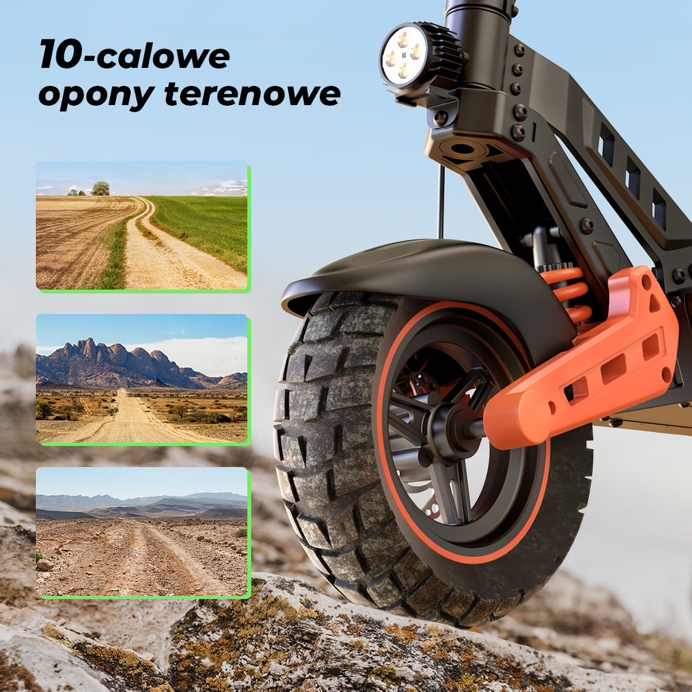 Close-up of a black off-road scooter wheel with an orange accent, featuring a thick tire tread. In the background, three images show different dirt paths in various landscapes.