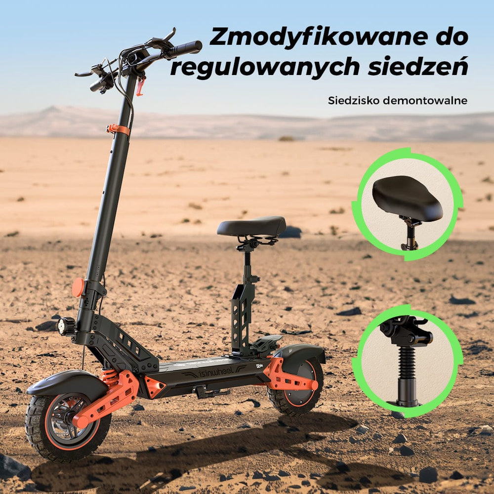 A black and orange electric scooter D2Plus with an adjustable seat is parked on a sandy landscape, with close-up insets highlighting the detachable seat and its adjustable mechanism.