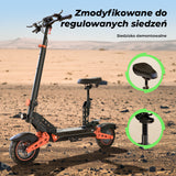 A black and orange electric scooter D2Plus with an adjustable seat is parked on a sandy landscape, with close-up insets highlighting the detachable seat and its adjustable mechanism.