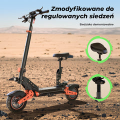 A black and orange electric scooter D2Plus with an adjustable seat is parked on a sandy landscape, with close-up insets highlighting the detachable seat and its adjustable mechanism.