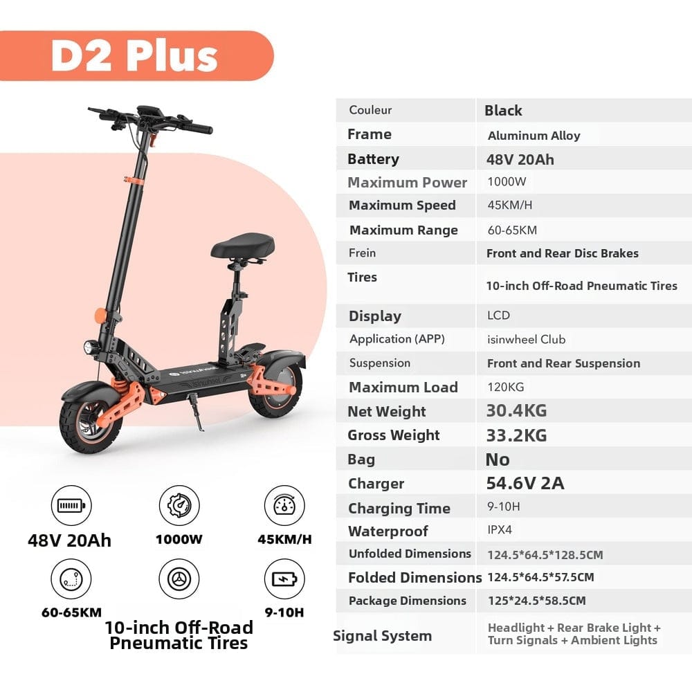 The image features a D2 Plus electric scooter with a black and orange design, showcasing its robust frame and seat. Specifications listed include a 48V 20Ah battery, 1000W power, and a maximum speed of 45 km/h. It has a range of 60-65 km, 10-inch off-road pneumatic tires, and front and rear disc brakes. Additional details mention an LCD display, 120 kg load capacity,.