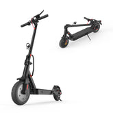 A sleek black electric scooter E9pro is shown in two positions: standing upright and folded. It features a sturdy frame, a headlight, and red accents on the wheels and handlebars.