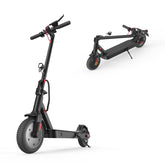 A sleek black electric scooter E9pro is shown in two positions: standing upright and folded. It features a sturdy frame, a headlight, and red accents on the wheels and handlebars.
