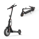 A sleek black electric scooter E9pro is shown in two positions: standing upright and folded. It features a sturdy frame, a headlight, and red accents on the wheels and handlebars.