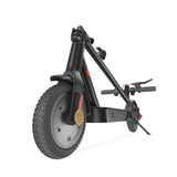 A sleek black electric scooter E9pro is folded, showcasing its front wheel with a textured tire and a reflective yellow marker. The handlebar is visible with grips and a brake lever, and the kickstand is extended for support.