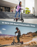 Split image: Top—a young woman rides the iSinwheel Electric Scooter 800W Foldable Off-Road E-Scooter – GT1 on city steps. Bottom—a man rides it off-road near mountains, dust flying. Text: “10-inch Off-Road Tires & 800W Motor.”.