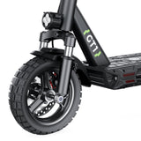 Close-up of the iSinwheel Electric Scooter 800W Foldable Off-Road E-Scooter – GT1, highlighting the front wheel, suspension, disc brake, tire, headlight, and textured platform—ideal for outdoor adventures.