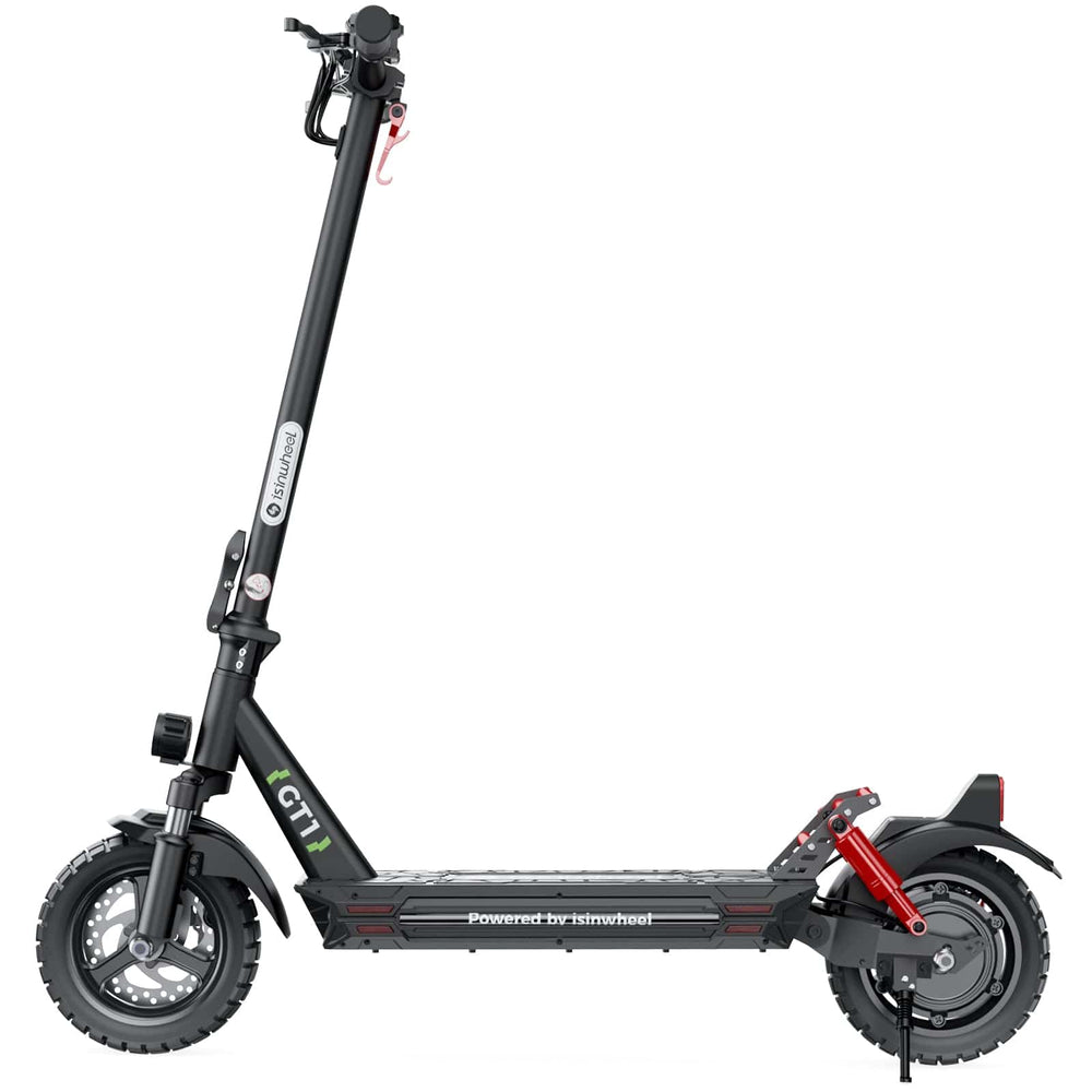 The iSinwheel Electric Scooter 800W Foldable Off-Road E-Scooter – GT1 features thick tires, a wide deck, red suspension, upright handlebars, and a kickstand. Ideal for outdoor adventures and labeled "Powered by iSinwheel" and "GT1.