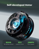 A sleek, self-developed brushless motor is displayed, featuring a metallic design with blue accents. It boasts specifications of 800W power, 30% uphill climbing capability, and a maximum speed of 28 MPH.