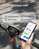 A user shows the iSinwheel app on their phone beside the Electric Scooter 800W Foldable Off-Road E-Scooter – GT1’s controls, highlighting lock/unlock, mode conversion, custom riding mode, and cruise control for adventure-ready rides.