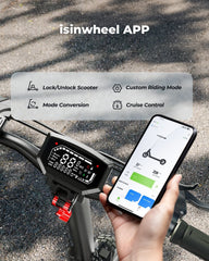 A person holds a smartphone displaying the isinwheel app, which features options for locking/unlocking a scooter, custom riding modes, mode conversion, and cruise control. The phone is positioned above a scooter's digital dashboard, showing speed and other metrics. The scene is set on a sunlit asphalt surface.