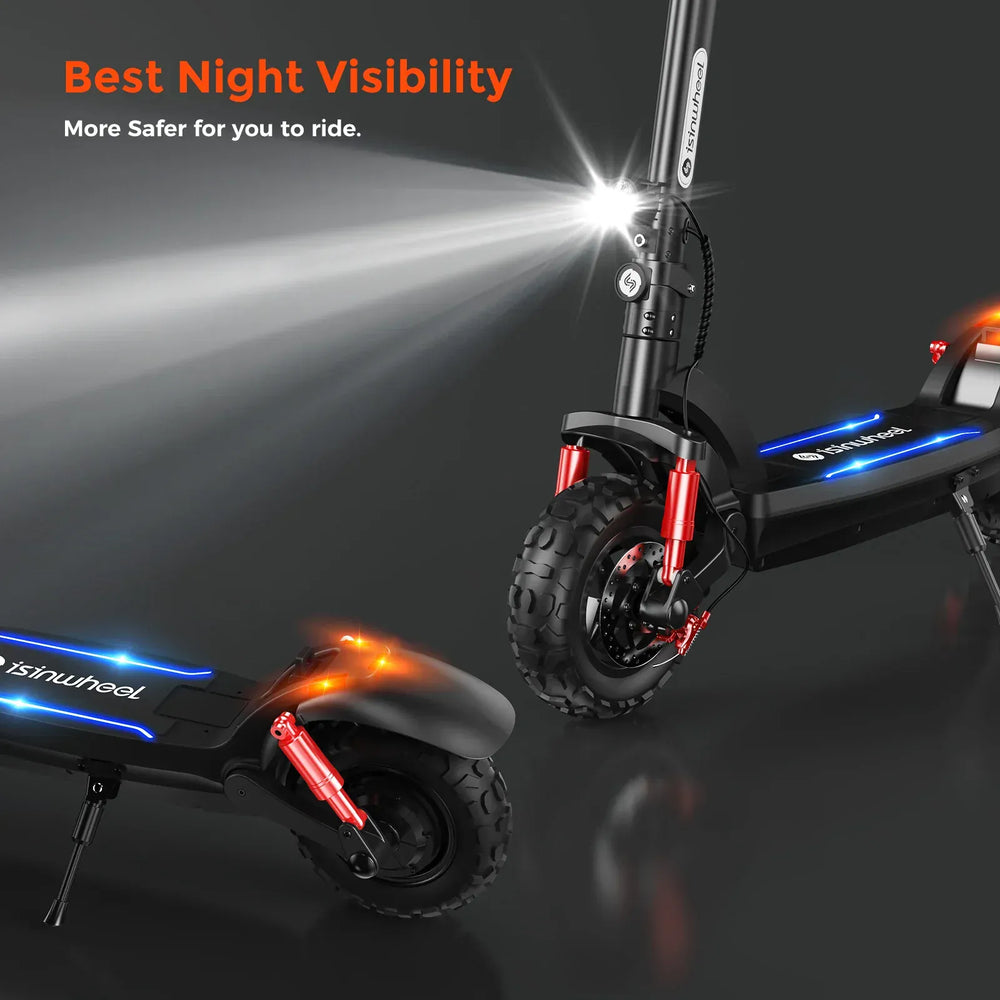 The iSinwheel Electric Scooter 1200W GT2 features a bright front headlight and rear lights for optimal night visibility, enhancing safety while night riding. Branding and safety features are prominently highlighted on this foldable off-road e-scooter.