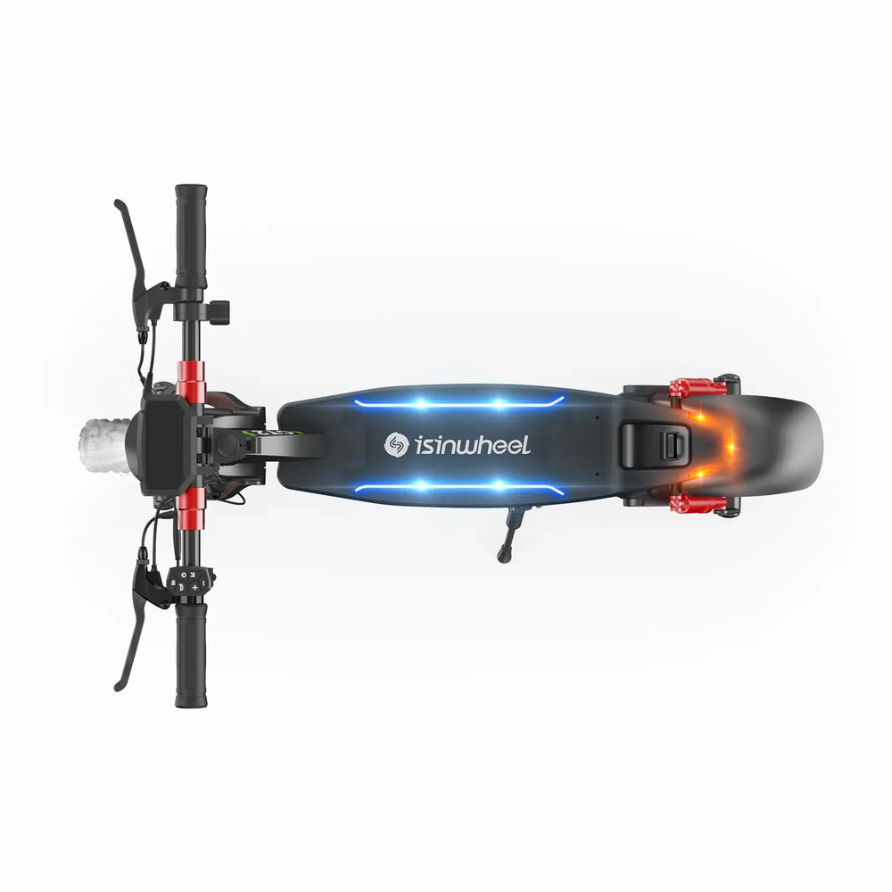 Top-down view of an iSinwheel Electric Scooter 1200W All-Terrain Foldable Off-Road E-Scooter – GT2, featuring blue and orange LED lights, detailed handlebar controls, and branding on the deck. Sleek design for smooth urban rides.