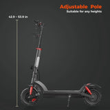 The iSinwheel Electric Scooter 1200W All-Terrain Foldable Off-Road E-Scooter – GT2 is shown in black and red with an adjustable pole (42.9 to 53.9 inches). Text: Adjustable Pole, Suitable for Any Heights. Set against a dark gray background.
