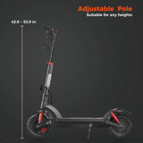 A sleek electric scooter GT2 with an adjustable pole is shown, featuring a black and red design. The pole height ranges from 42.9 to 53.9 inches, making it suitable for various heights. The scooter has rugged tires and a sturdy frame, set against a dark background.