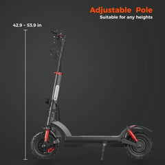 A sleek electric scooter GT2 with an adjustable pole is shown, featuring a black and red design. The pole height ranges from 42.9 to 53.9 inches, making it suitable for various heights. The scooter has rugged tires and a sturdy frame, set against a dark background.