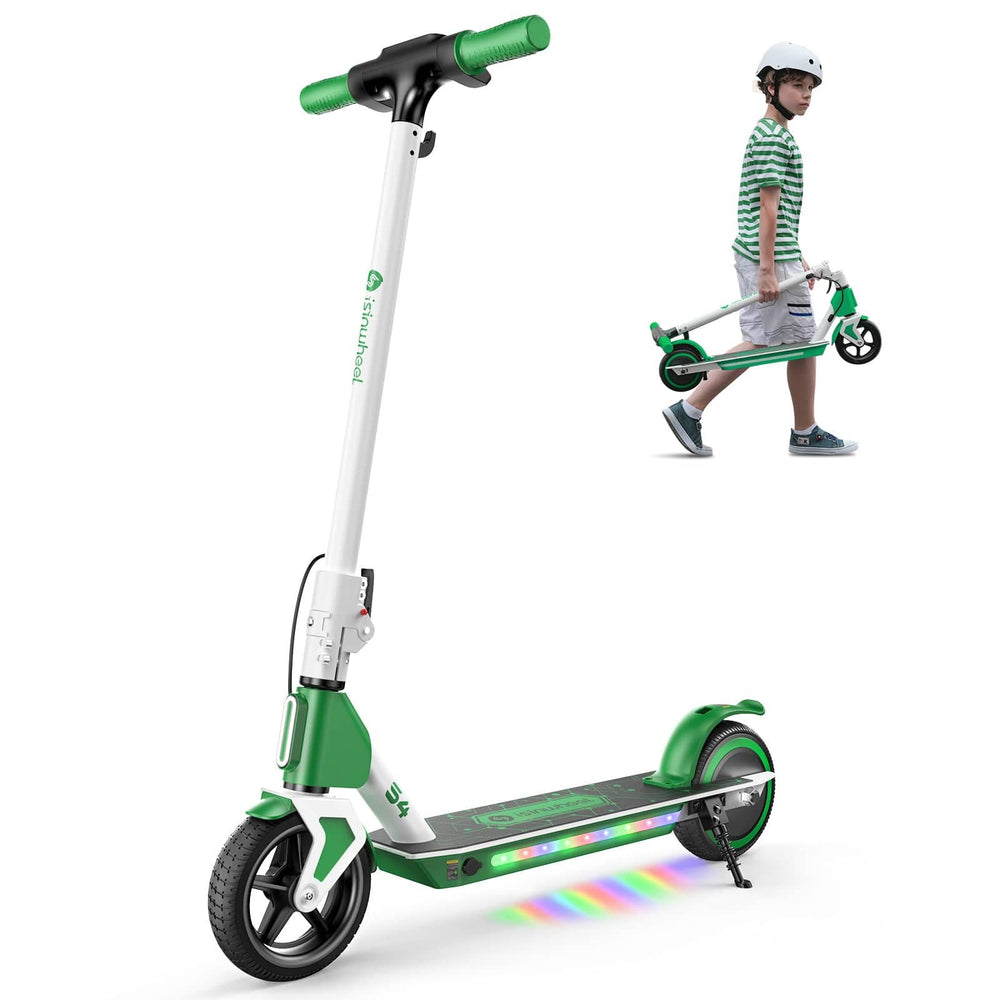 Green S4 scooter with glowing LED deck lights on both sides