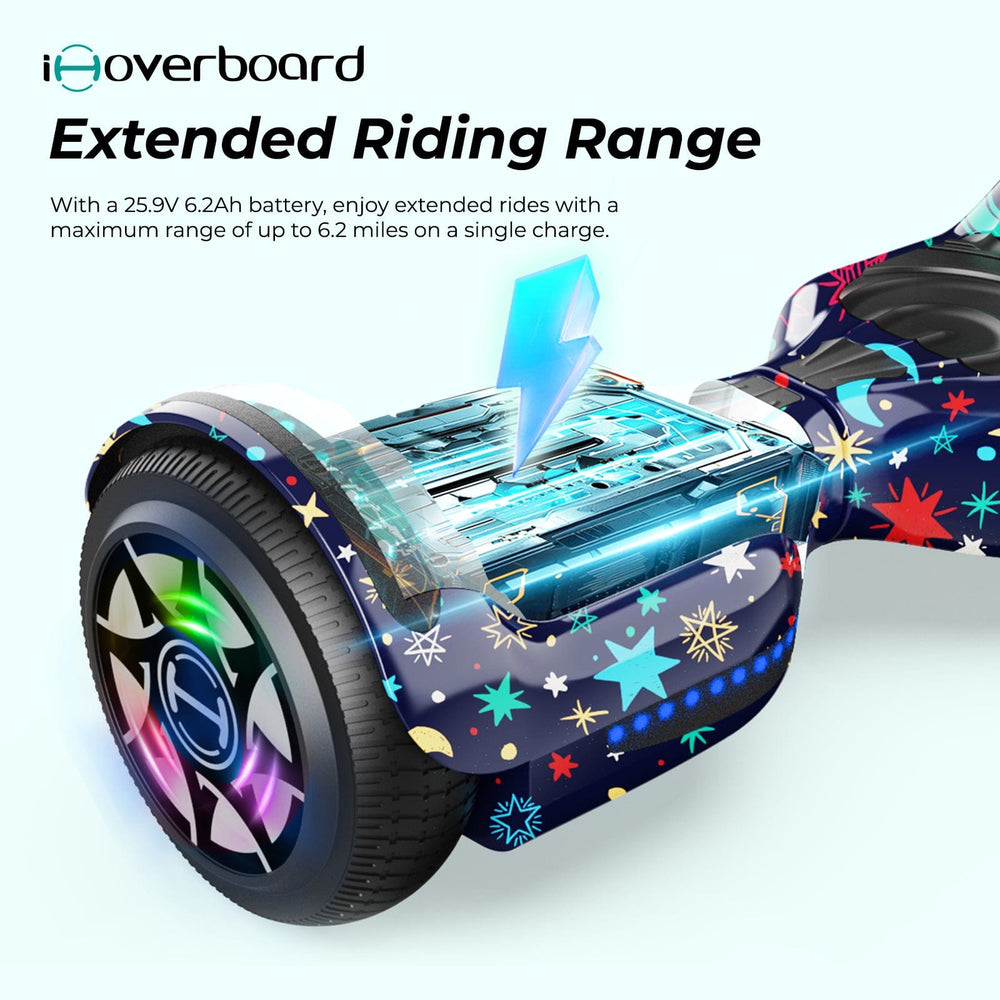 Close-up of the H1 kids hoverboard's 6.5-inch wheels and deck.