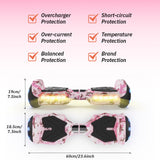 A pink camouflage hoverboard H2 with LED lights is shown, featuring safety protections like overcharger, short-circuit, and temperature protection. It measures 60 cm in length and 19 cm in height, with a sleek design and black footpads.