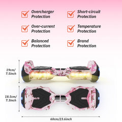 A pink camouflage hoverboard H2 with LED lights is shown, featuring safety protections like overcharger, short-circuit, and temperature protection. It measures 60 cm in length and 19 cm in height, with a sleek design and black footpads.