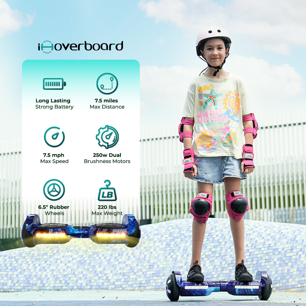 A young person wearing a helmet and pink protective gear stands confidently on a blue hoverboard H2 with a galaxy design. The background features a mosaic wall and a clear sky. To the left, product features are listed, highlighting a long-lasting battery, 7.5 miles max distance, 7.5 mph max speed, 250W dual motors, 6.5" rubber wheels, and a 220 lbs max weight capacity.