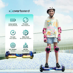 A young person wearing a helmet and pink protective gear stands confidently on a blue hoverboard H2 with a galaxy design. The background features a mosaic wall and a clear sky. To the left, product features are listed, highlighting a long-lasting battery, 7.5 miles max distance, 7.5 mph max speed, 250W dual motors, 6.5" rubber wheels, and a 220 lbs max weight capacity.