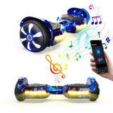 A vibrant hoverboard H2 with a galaxy design features illuminated wheels and body lights, emitting colorful musical notes. A hand holds a smartphone displaying a music app, suggesting Bluetooth connectivity for music playback.