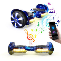 A vibrant hoverboard H2 with a galaxy design features illuminated wheels and body lights, emitting colorful musical notes. A hand holds a smartphone displaying a music app, suggesting Bluetooth connectivity for music playback.