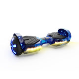 A brother and sister enjoying riding the blue H2 hoverboard together in a driveway.